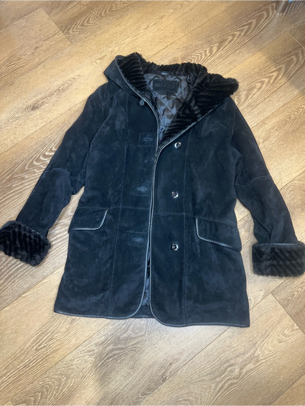 Vintage Y2K Nuage Black Suede Hooded Coat Fur Trim Gothic Whimsigoth 21”ptp